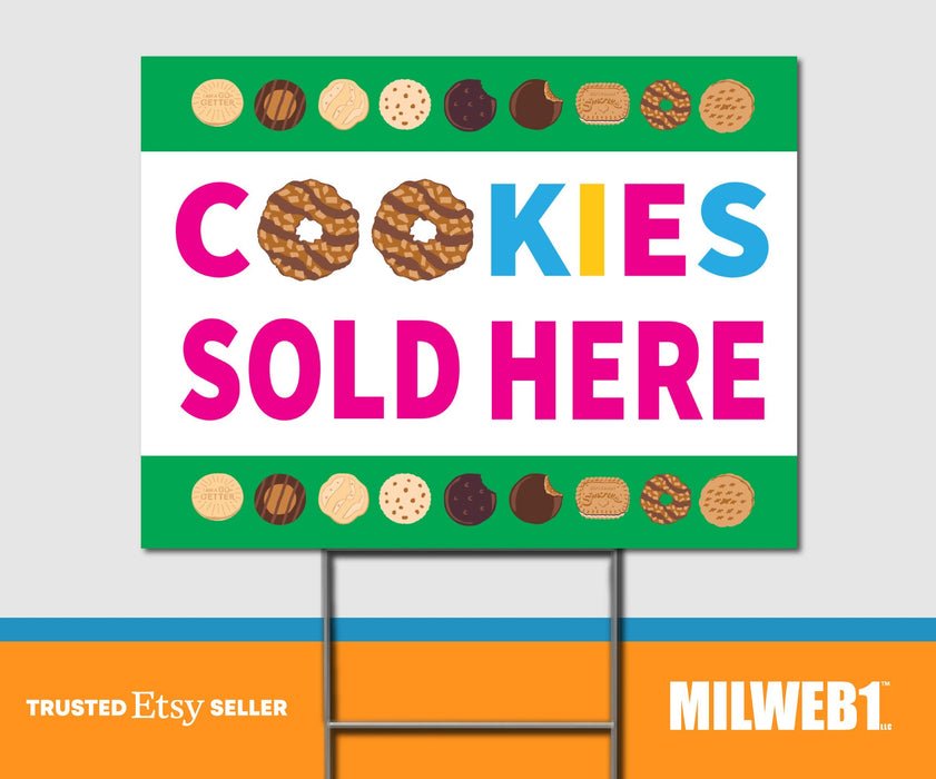 Cookies Sold Here / Girl Scout Sale - Double Sided Yard Sign with Stakes Sign - Milweb1