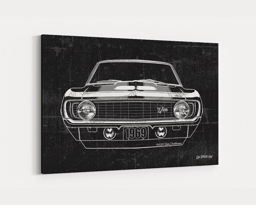 Milweb1 1969 Chevrolet Chevy Camaro Z28 CarGrilleArt TM | Sign Car Auto Man Cave Art Grill Garage Men Gifts Wall Decor Canvas Print