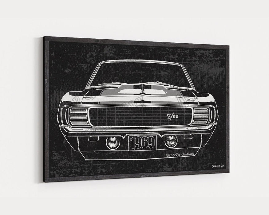 Milweb1 1969 Chevrolet Chevy Camaro Z28 Hideaways CarGrilleArt TM | Sign Car Auto Man Cave Art Grill Garage Men Gifts Wall Decor Canvas Print
