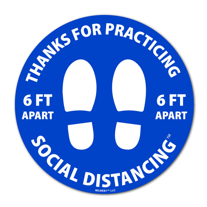 Milweb1 6"x6" / Blue Social Distancing Floor Decals - Thanks For Practicing