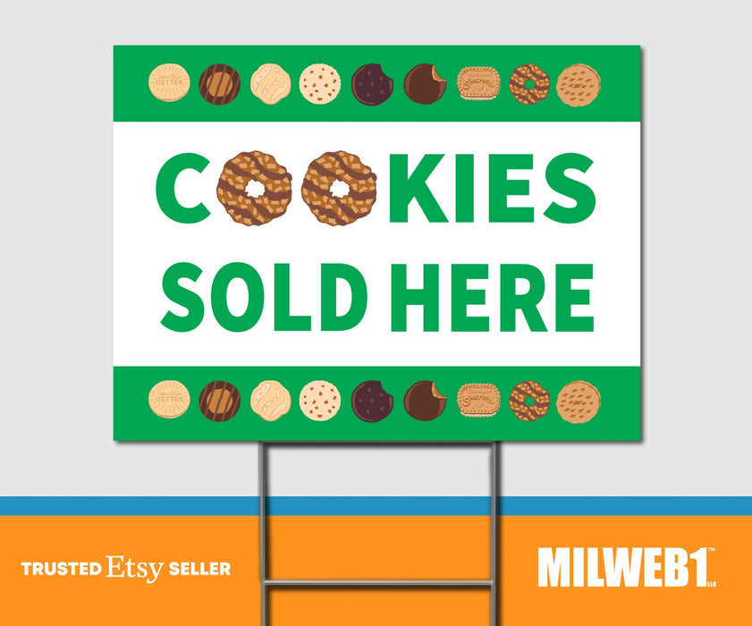 Milweb1 Cookies Sold Here / Girl Scout Sale - Double Sided Yard Sign with Stakes Sign