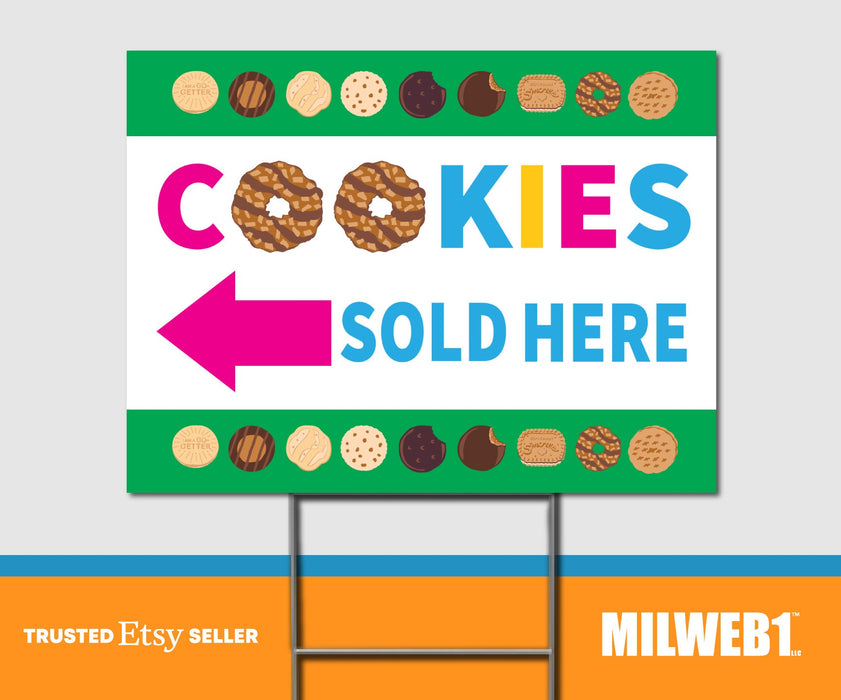 Milweb1 Cookies Sold Here / Girl Scout Sale - Double Sided Yard Sign with Stakes Sign