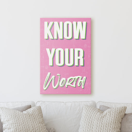 Milweb1 Know Your Worth | Sign Motivational Empowering Work Colorful Fun Happy Positive Home Office Wall Decor Canvas Print